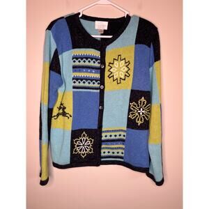 2000s Y2K Christopher & Banks Patchwork Snowflake Christmas Sparkle Cardigan M